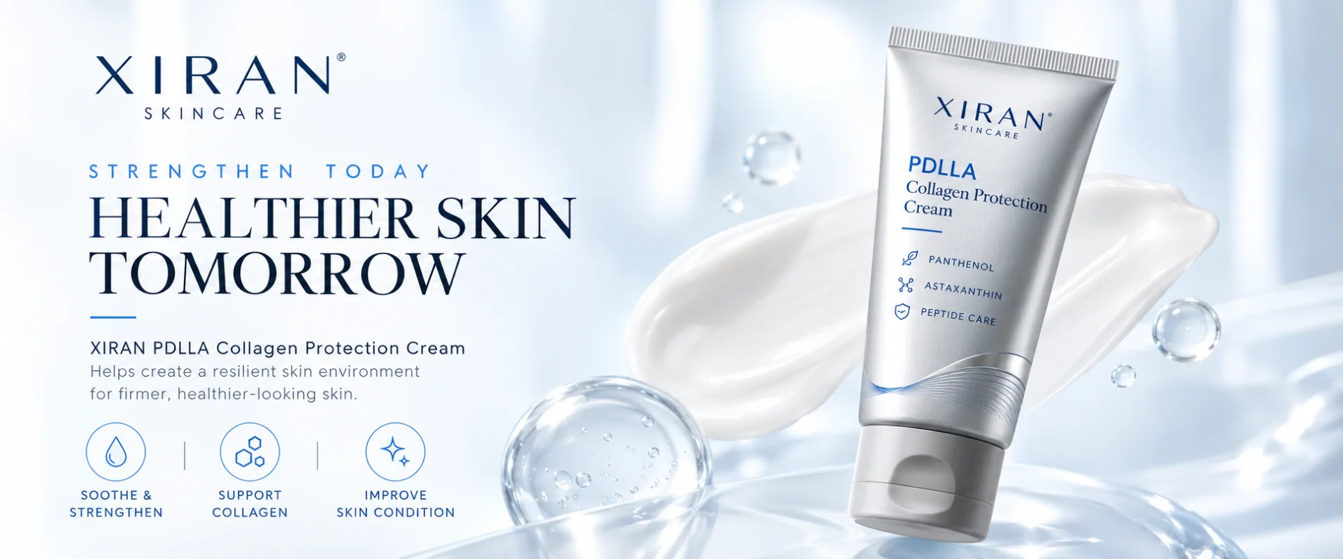 Tube of Xiran PDLLA Collagen Protection Cream on a light, clean background with text emphasizing stronger, healthier skin benefits.
